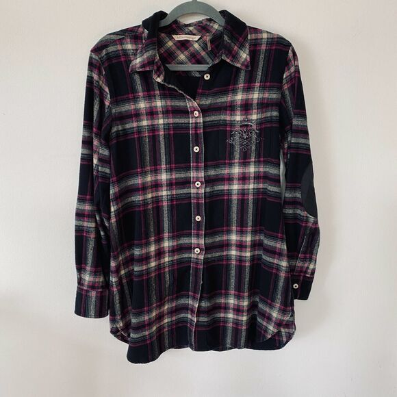 Soft Surroundings Magenta Black Plaid Button Elbow Patch Embroidered Back M - Picture 11 of 11